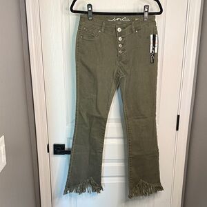 INC International Concepts Olive Green Frayed-Hem Flare Leg Jeans
